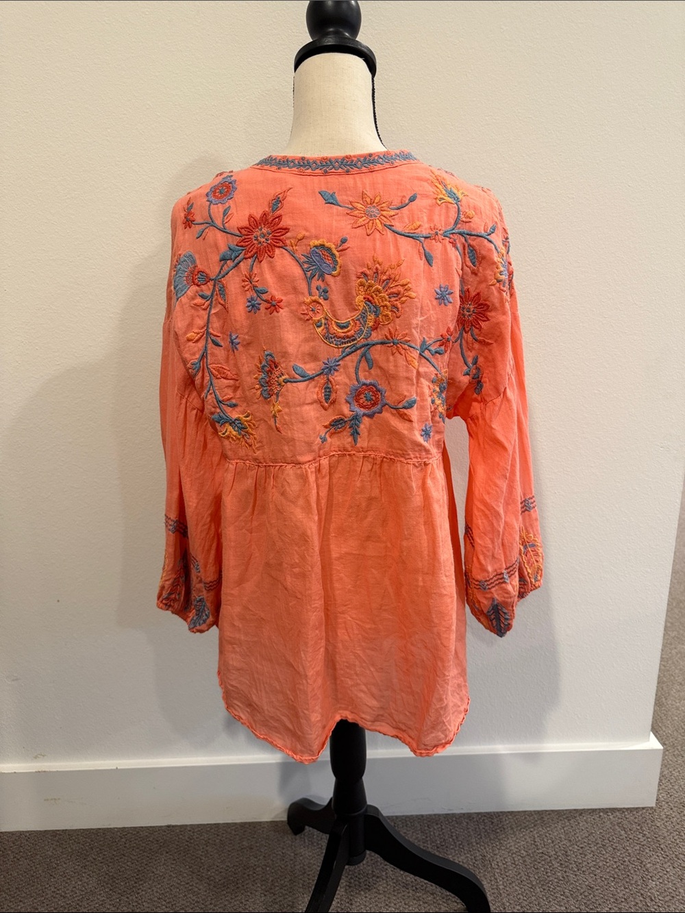 Johnny Was Coral Tunic with Blue Floral Embroidery - Picture 3 of 4